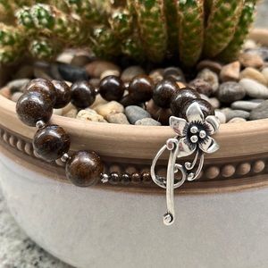 Silpada Bronzite Bracelet Sterling Silver Beads with Flower Toggle